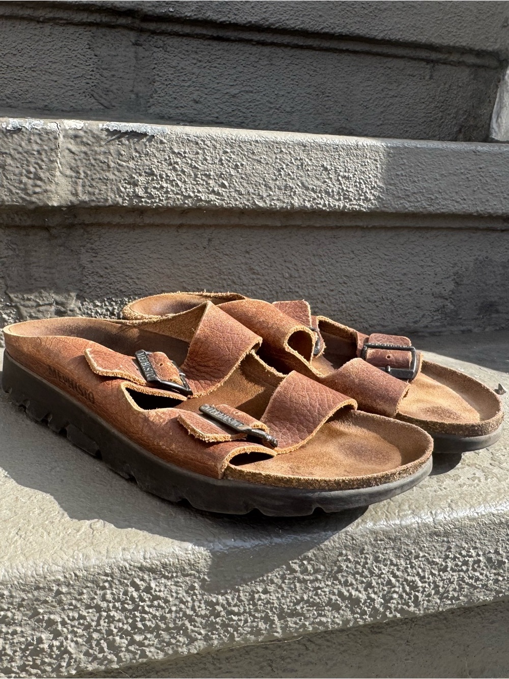 Mephisto Men's Rustic Brown Leather Double-Buckle Slide Sandals